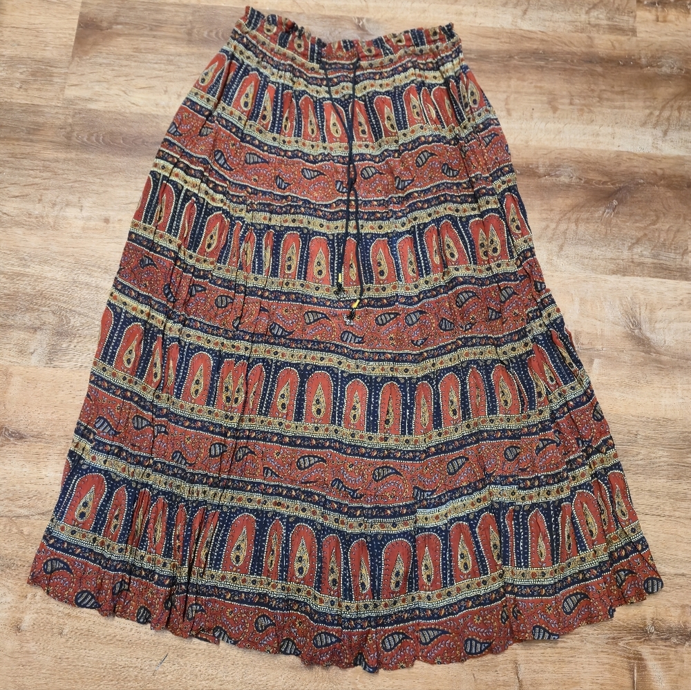 Bohemian Tiered Maxi Skirt in Rust Multi